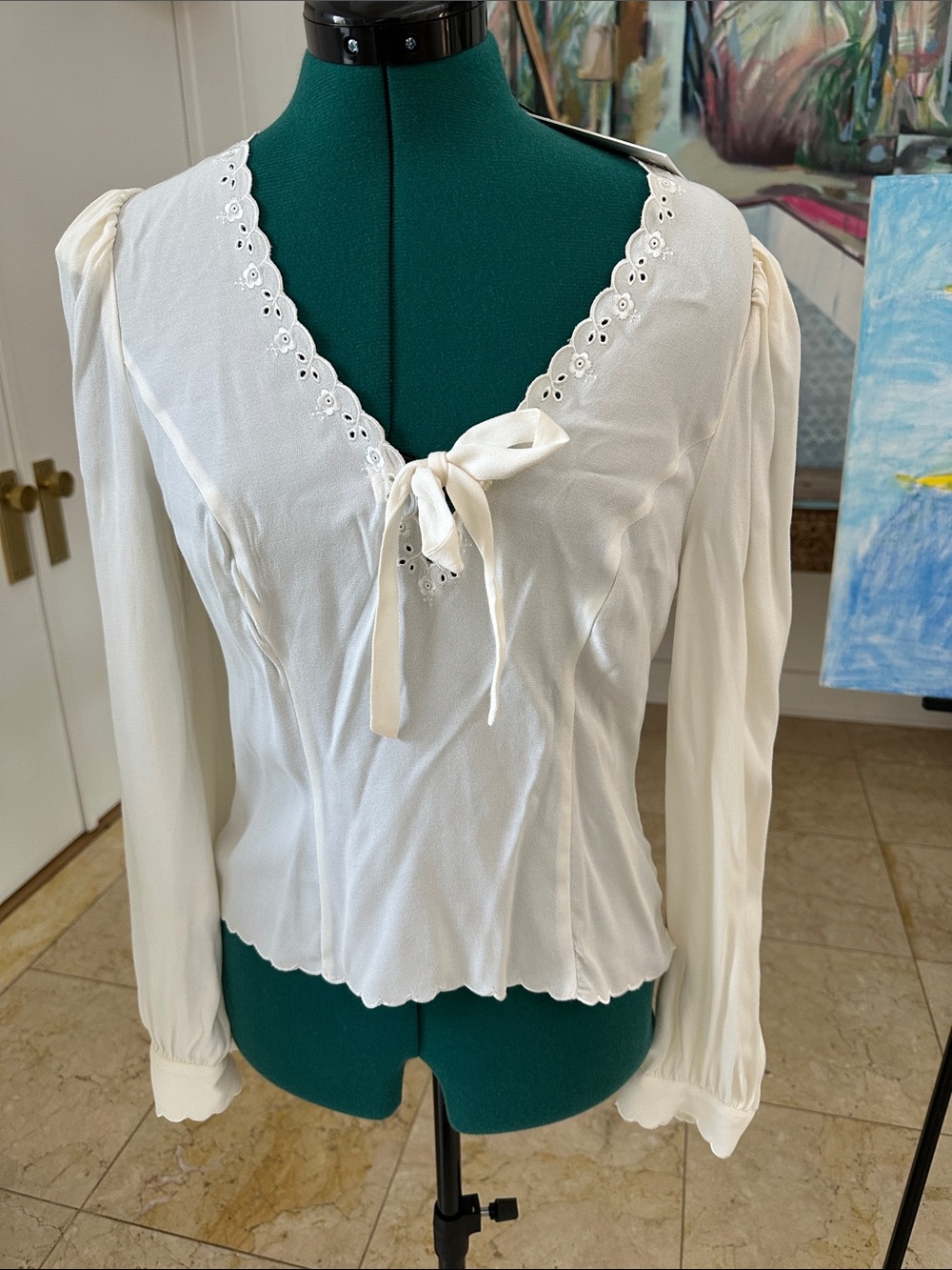 Reformation Cream Eyelet Tie-Front Blouse - Women Tops